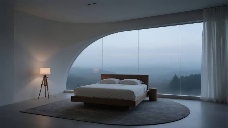 极简卧室 窗外雾景图片