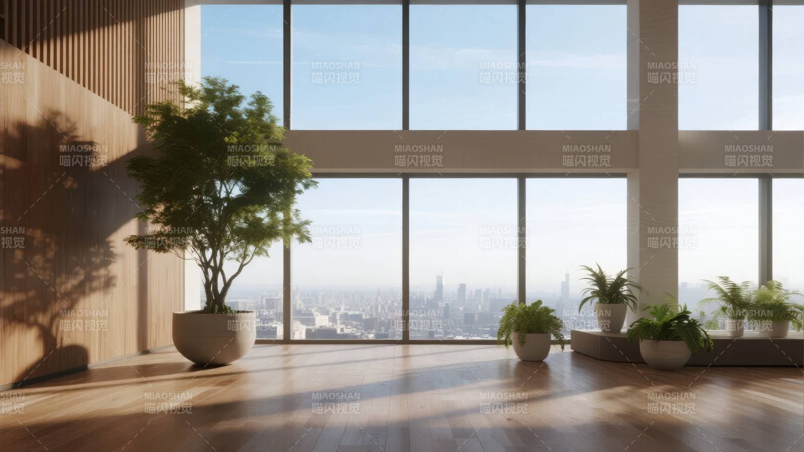 城市窗景绿植光影图片