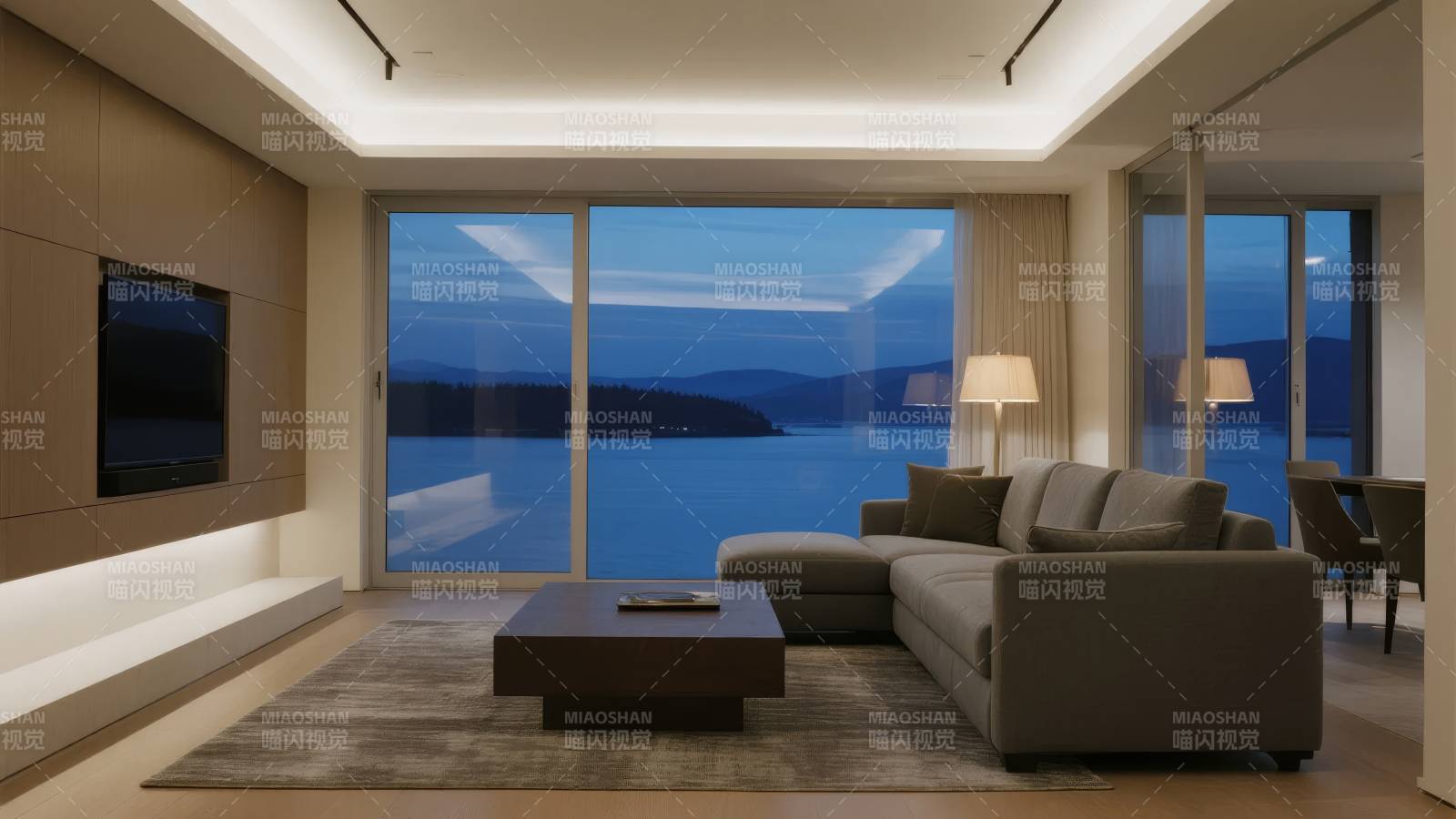 湖景客厅夜景图片