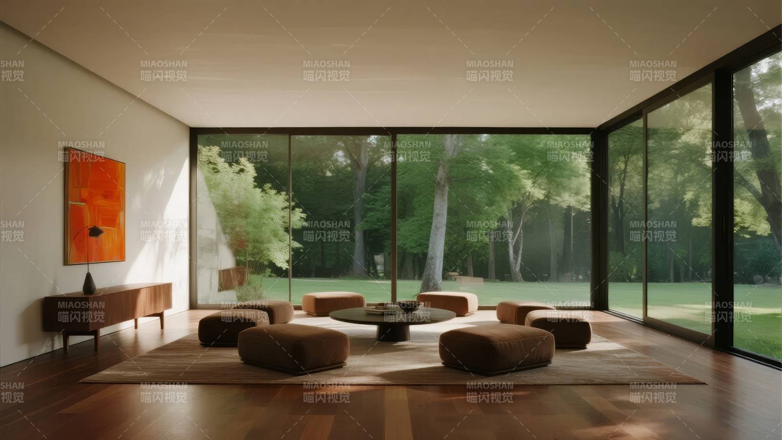 现代客厅 窗外绿意盎然图片