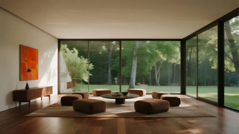 现代客厅 窗外绿意盎然图片