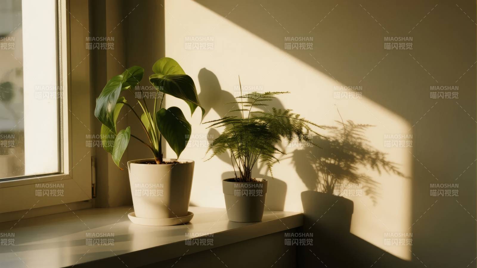 窗台绿植光影图片