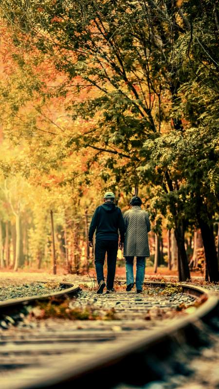 秋日铁轨老夫妻相伴而行图片