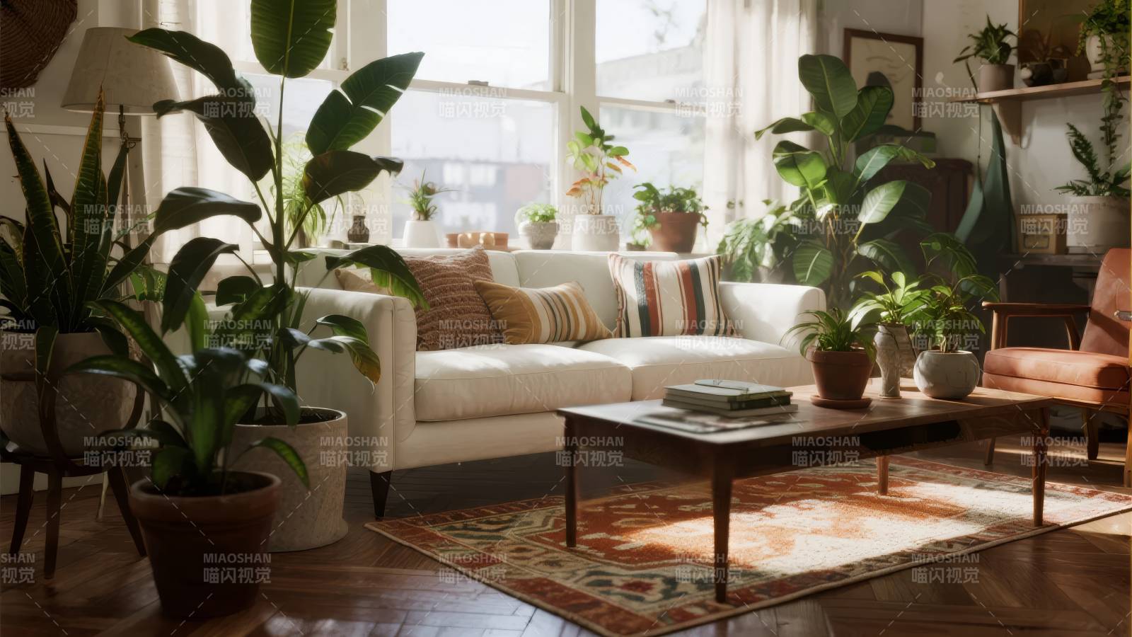 绿植环绕的温馨客厅图片