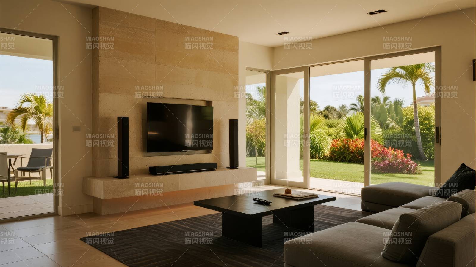 现代客厅 窗外绿意盎然图片