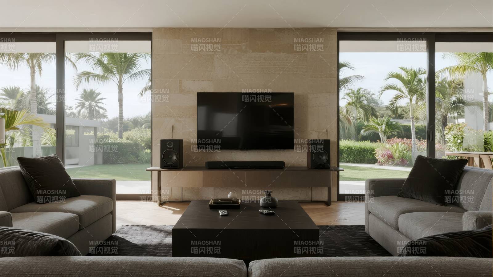 现代客厅 窗外绿意盎然图片