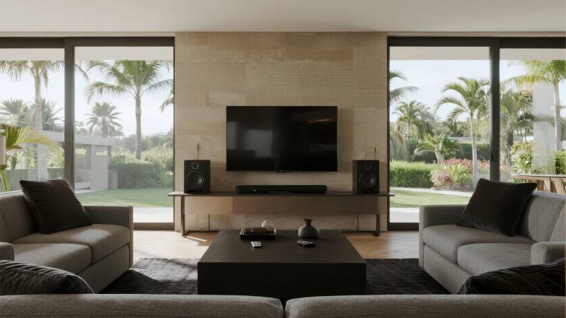 现代客厅 窗外绿意盎然图片