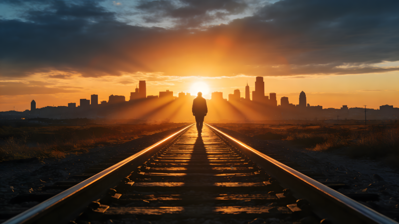 夕阳下的铁轨行者图片