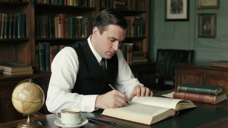 学者专注书写图片