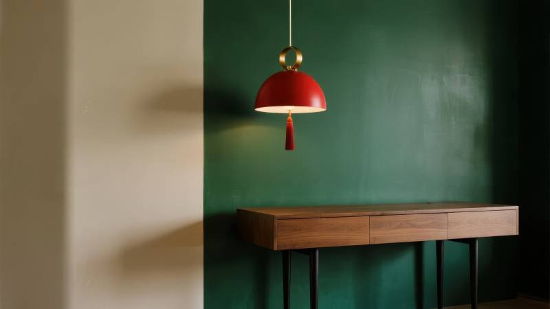 红灯绿墙木桌图片