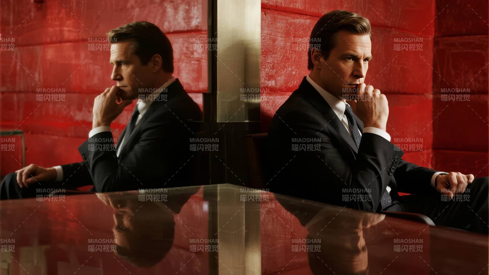 镜中双影 沉思瞬间图片