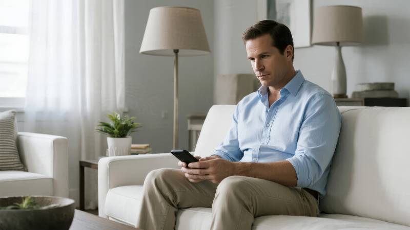 男子沙发玩手机图片