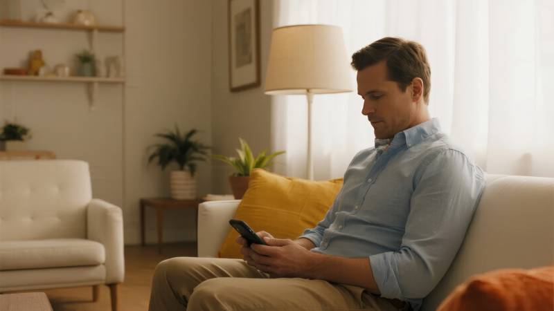 男子沙发玩手机图片