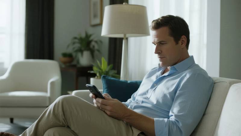 男子沙发上看手机图片