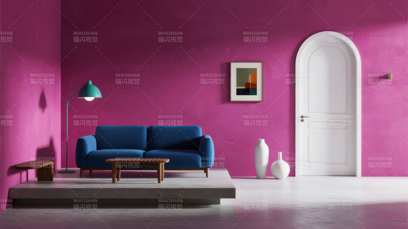 紫墙蓝沙发客厅图片