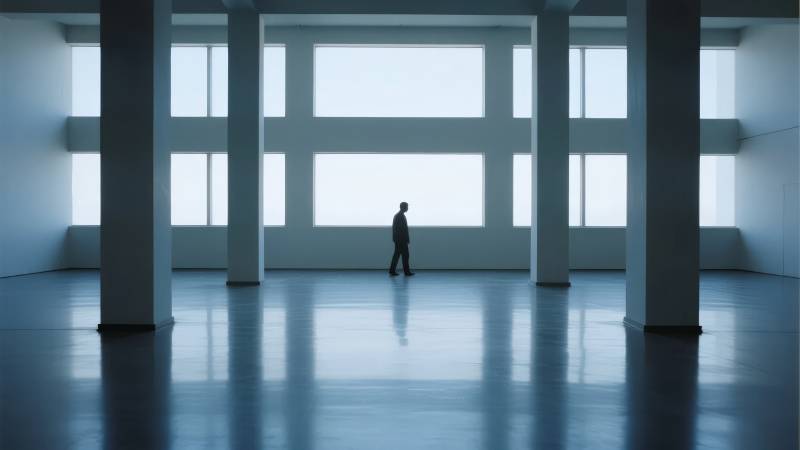 空旷大厅中的孤独身影图片