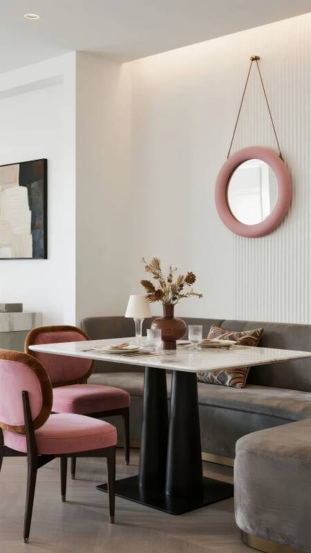粉色餐桌椅搭配镜图片