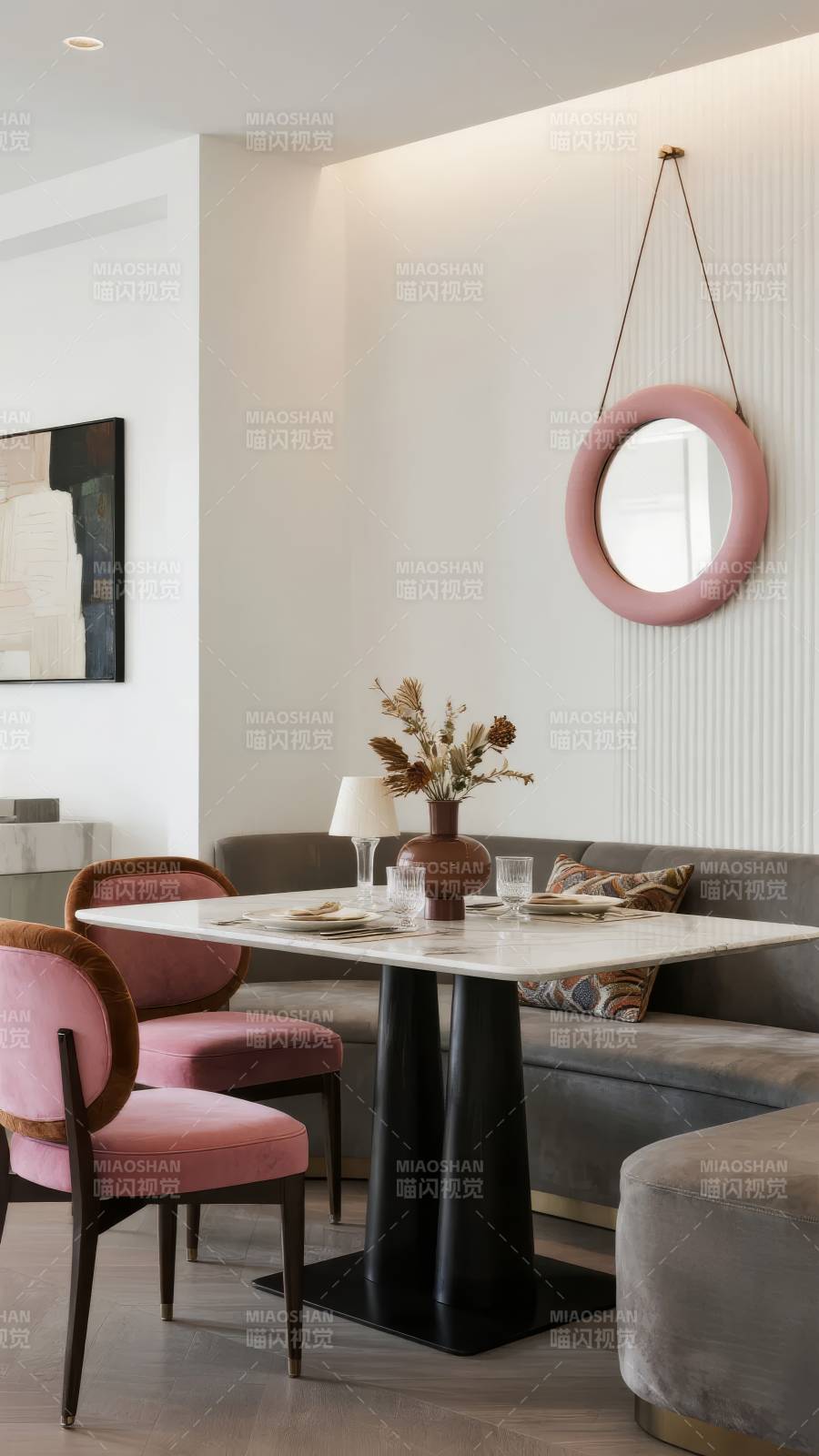 粉色餐桌椅搭配镜图片