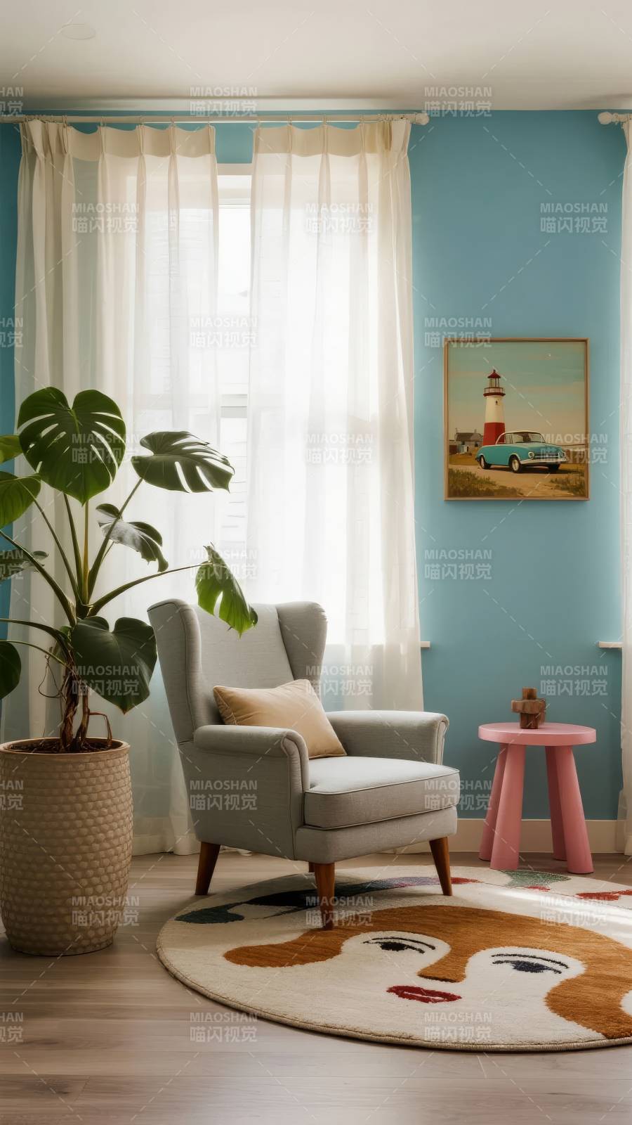 蓝墙绿植温馨角落图片