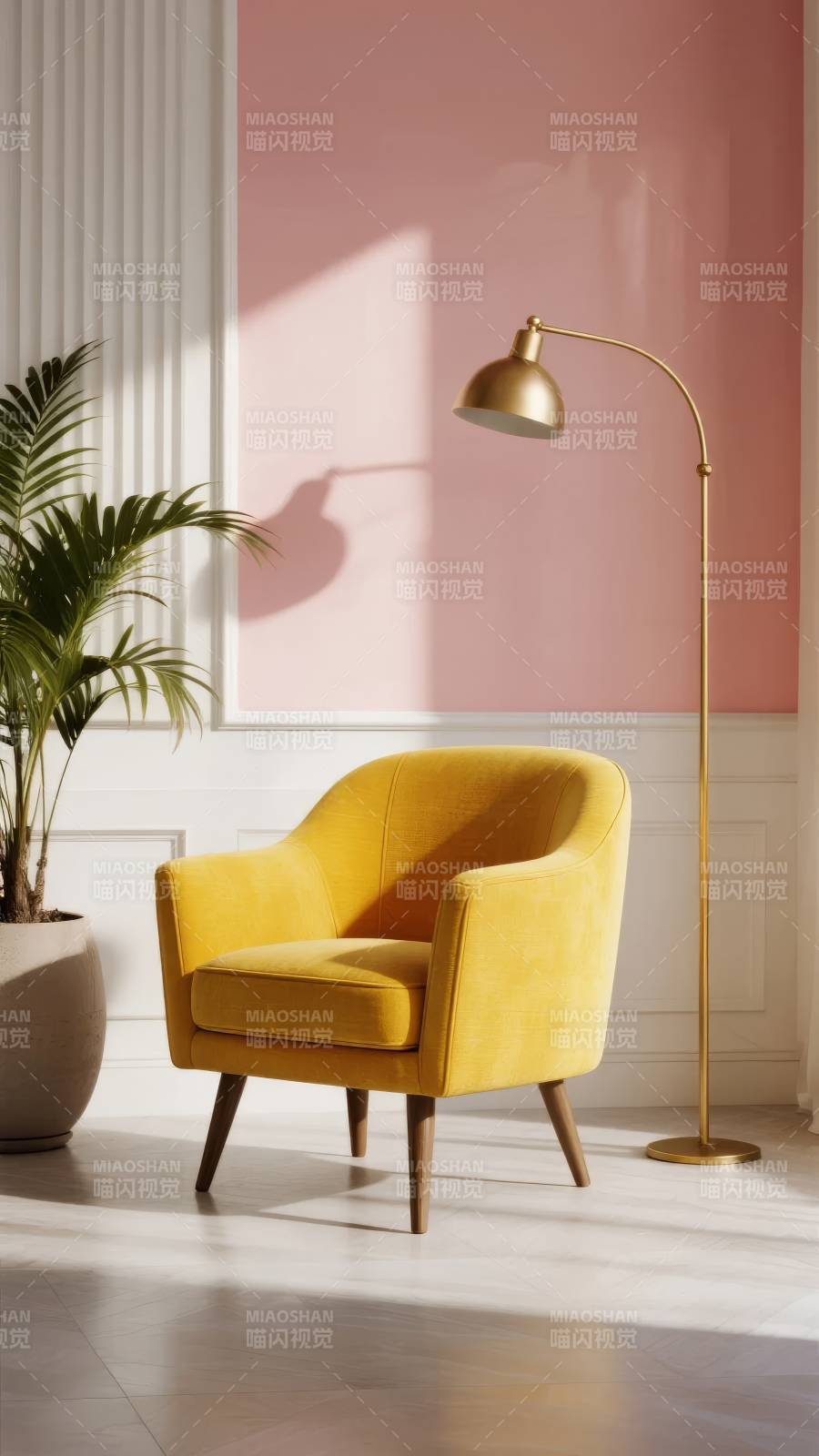 黄椅金灯粉墙图片