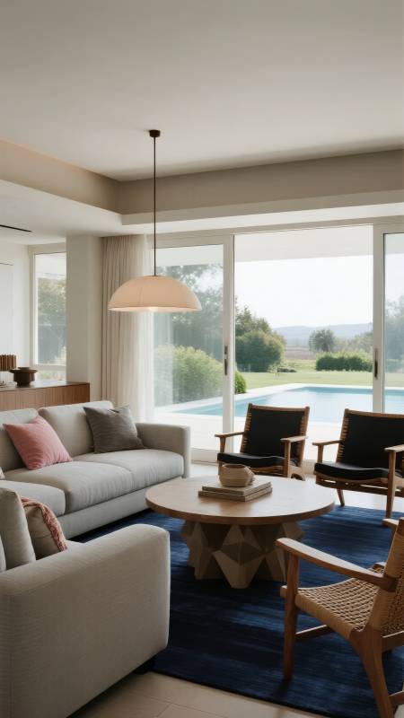 现代客厅 窗外泳池美景图片