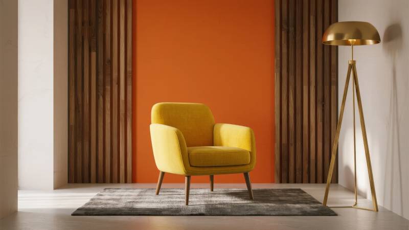 橙色墙边的黄色沙发椅图片