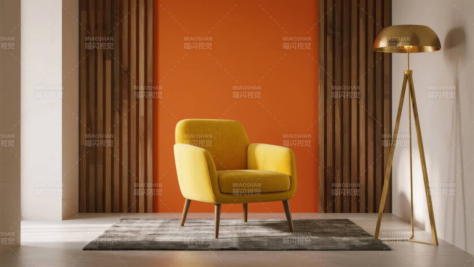 橙色墙边的黄色沙发椅图片