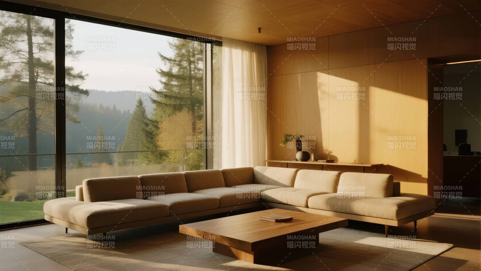 现代客厅 窗外山景图片