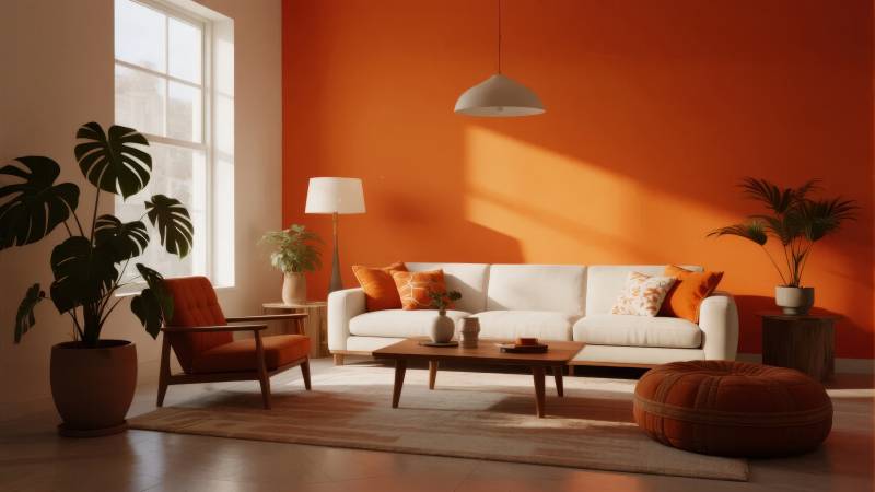 橙色客厅温馨布置图片