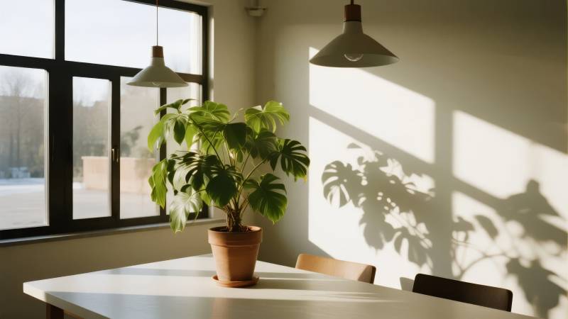 窗边绿植光影图片