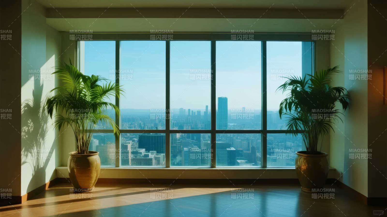 窗景城市绿植光影图片