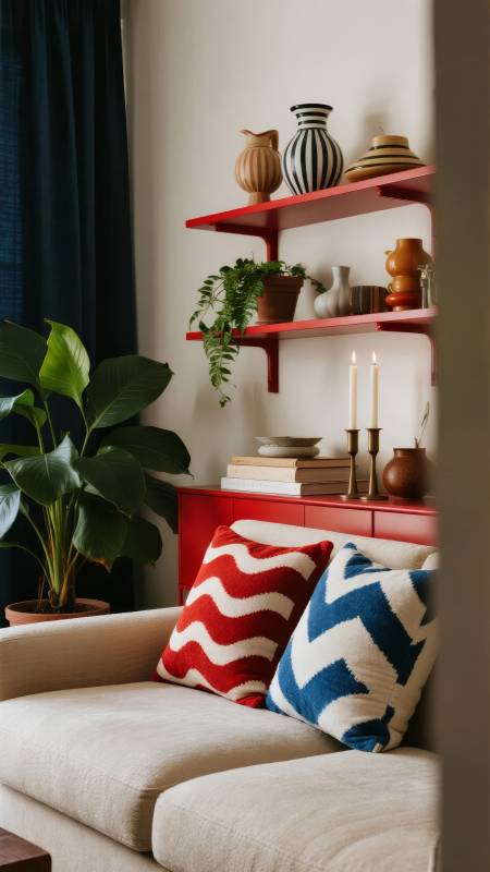 红白蓝调的客厅一角图片