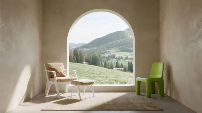 窗景与绿椅图片