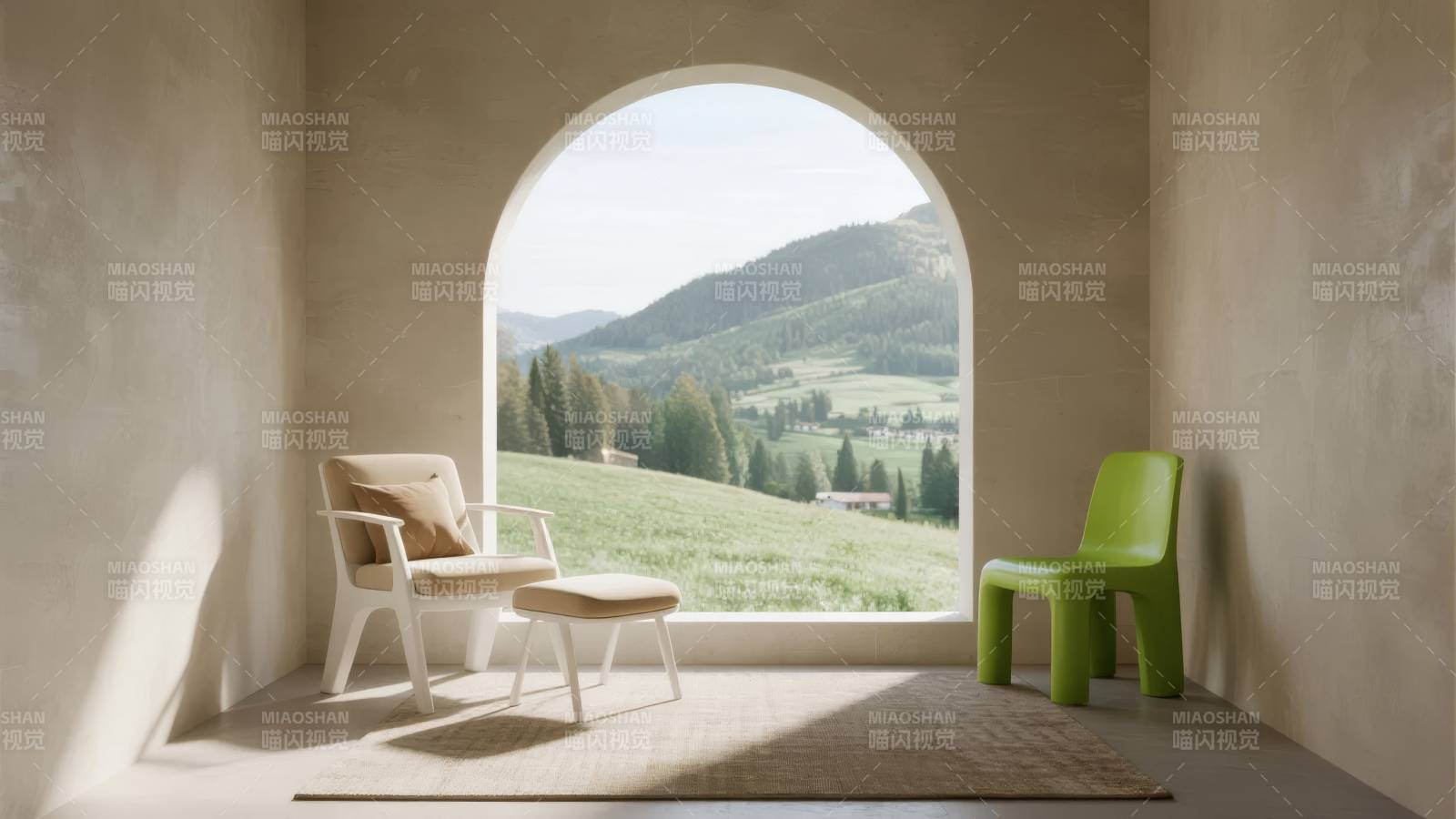 窗景与绿椅图片