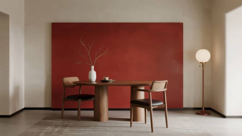 简约红墙餐桌景图片