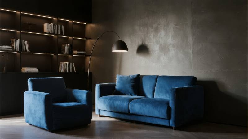 深蓝沙发静谧客厅图片