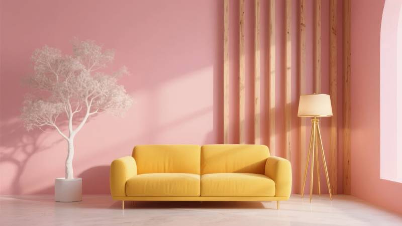 粉红客厅黄沙发图片
