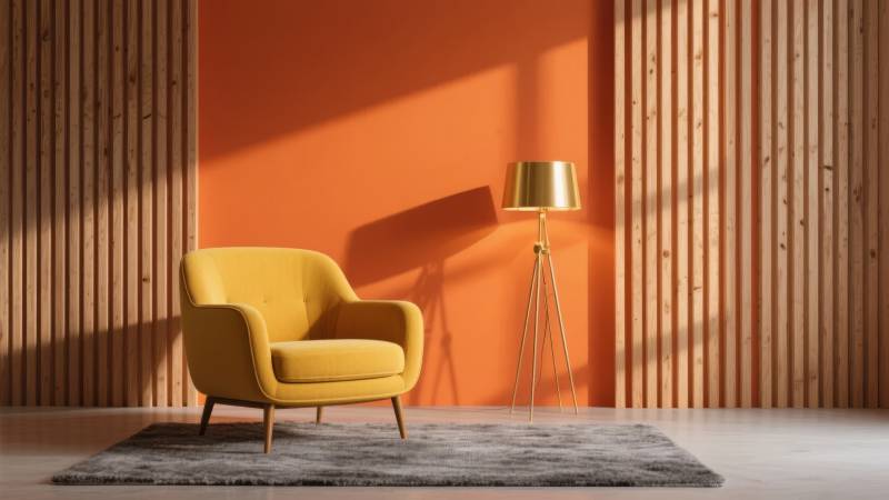 橙色空间里的黄色沙发图片