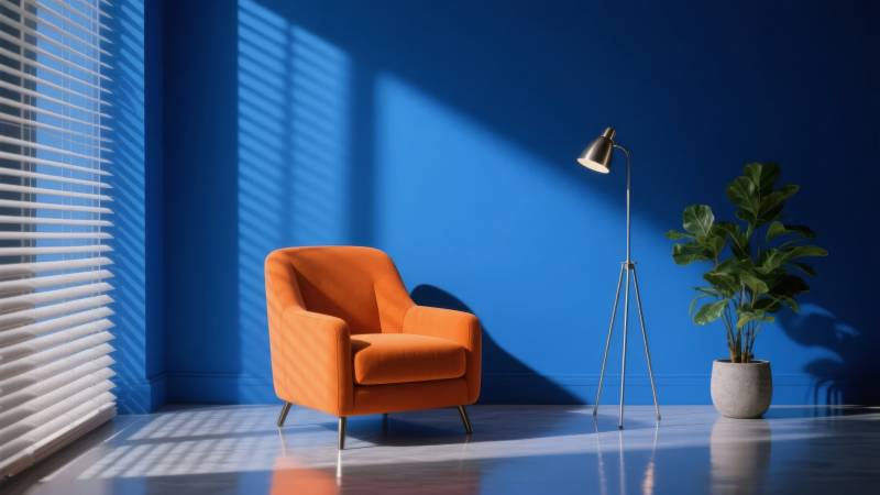 橙椅蓝墙光影静谧图片