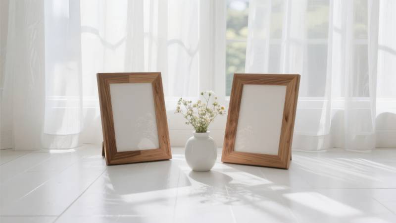 窗边相框与花瓶图片