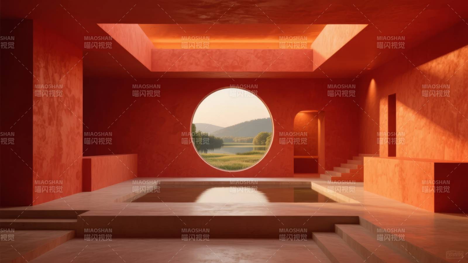 红墙圆窗观景室图片