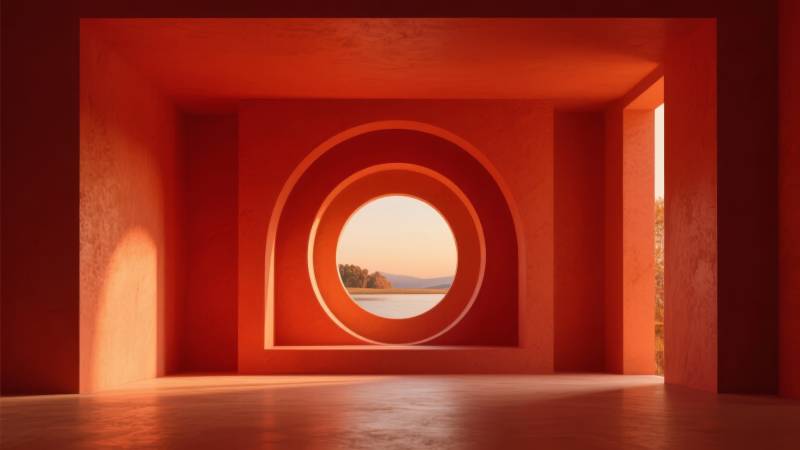 红墙圆窗映湖景图片