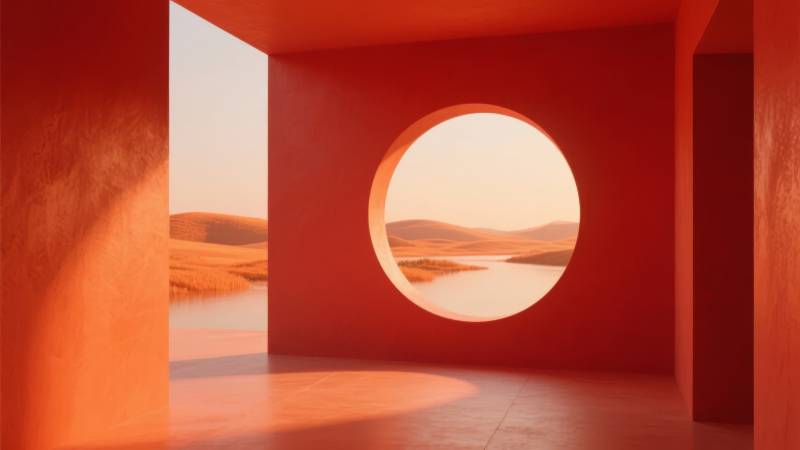 橙色空间的圆形窗景图片