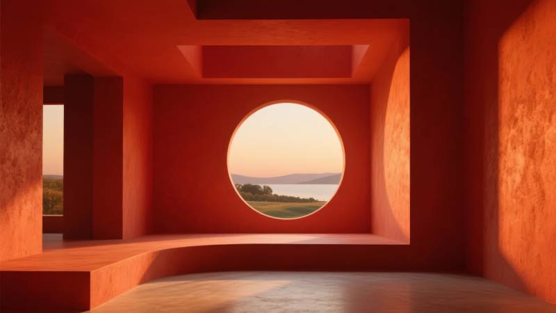 红墙圆窗望湖景图片