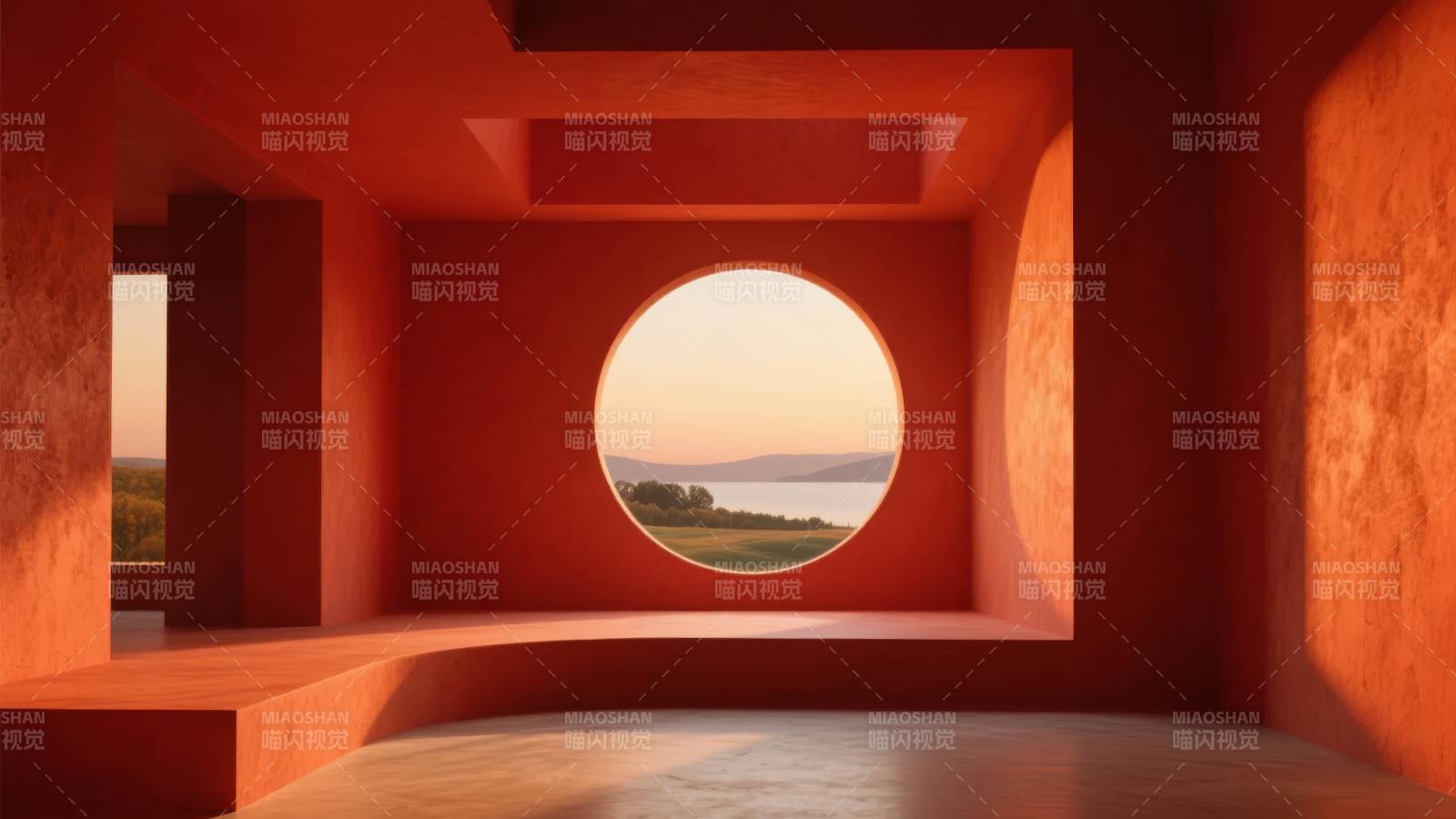 红墙圆窗望湖景图片