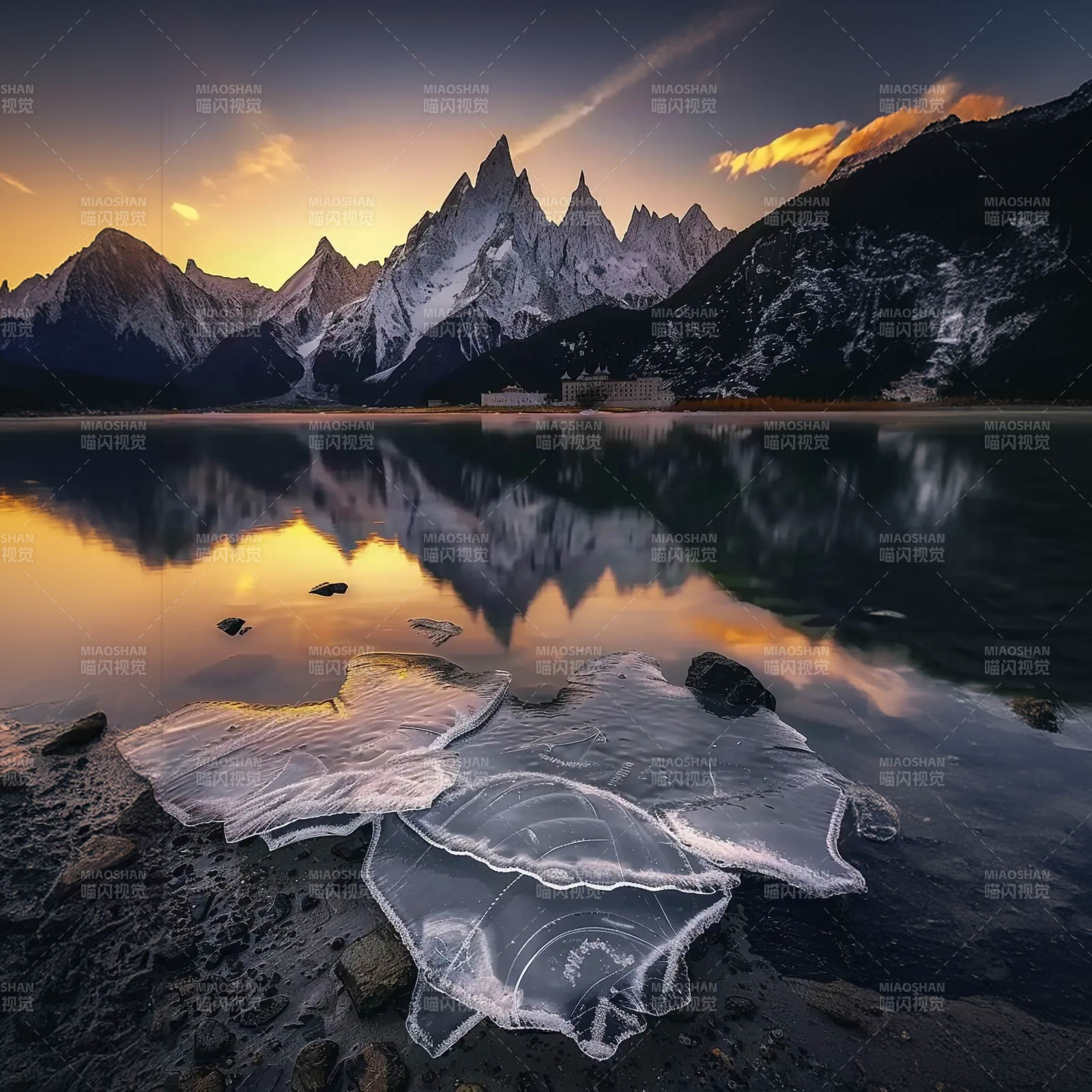 雪山倒影湖畔冰图片