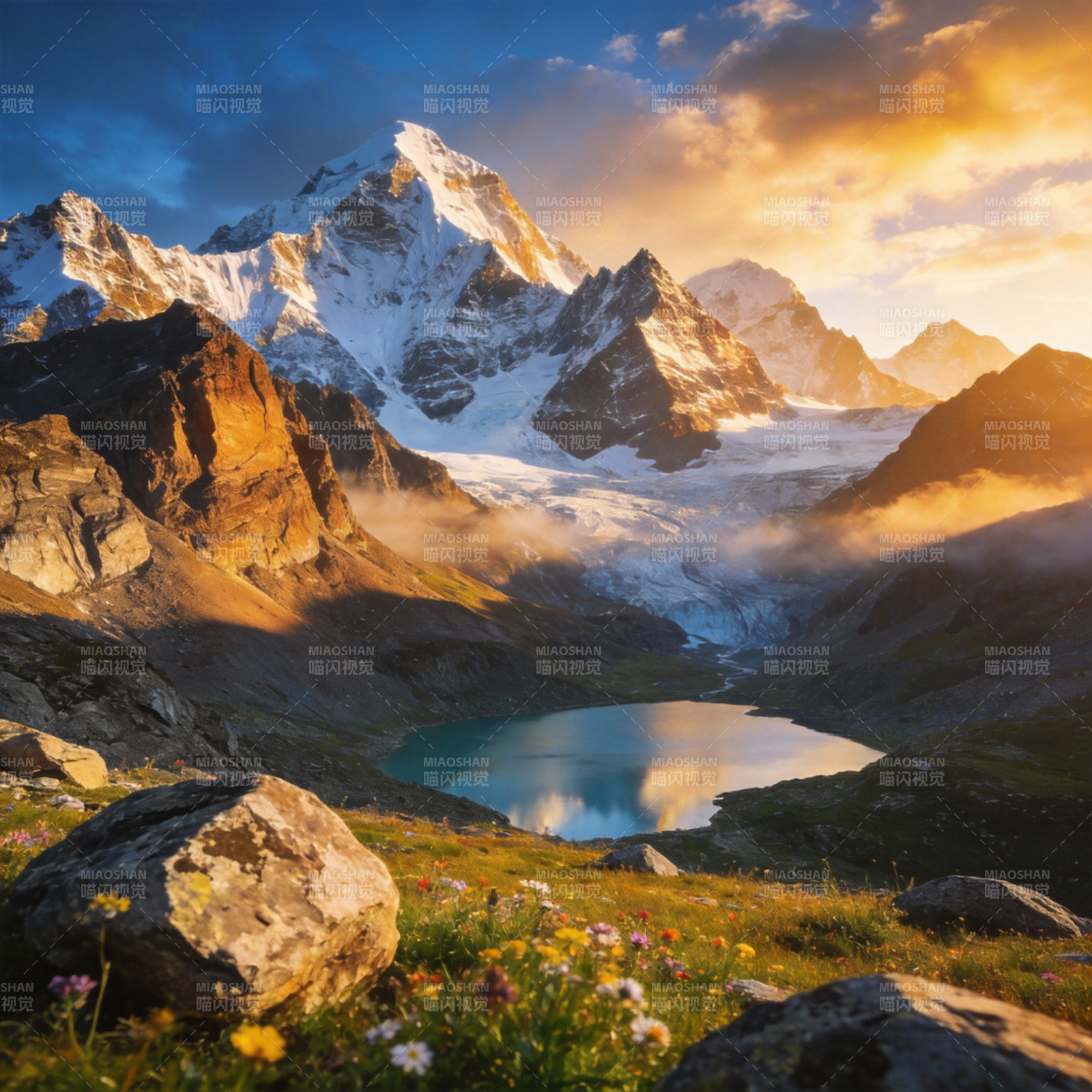 雪山映湖 花海如画图片