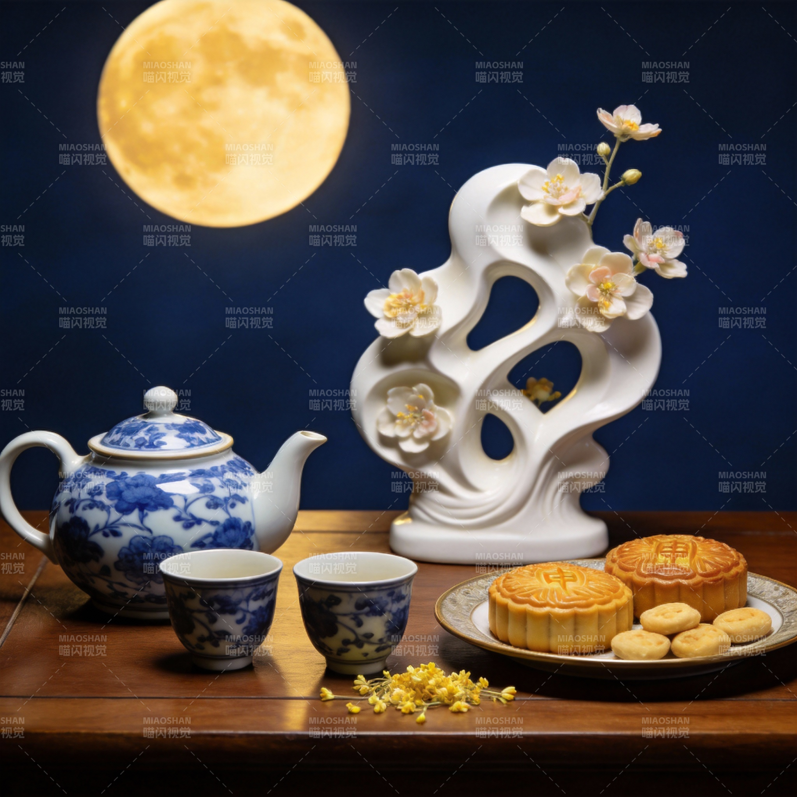 月下品茶赏月饼图片