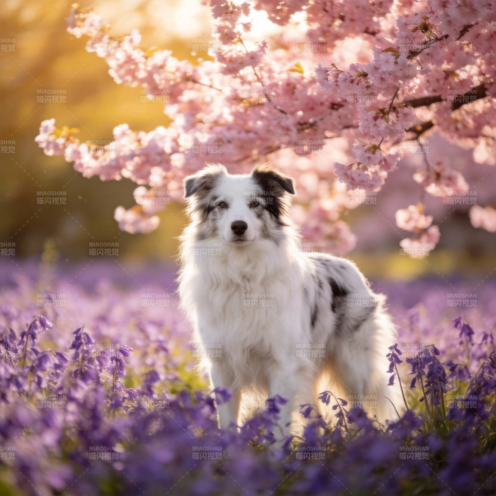 樱花下萌犬图片