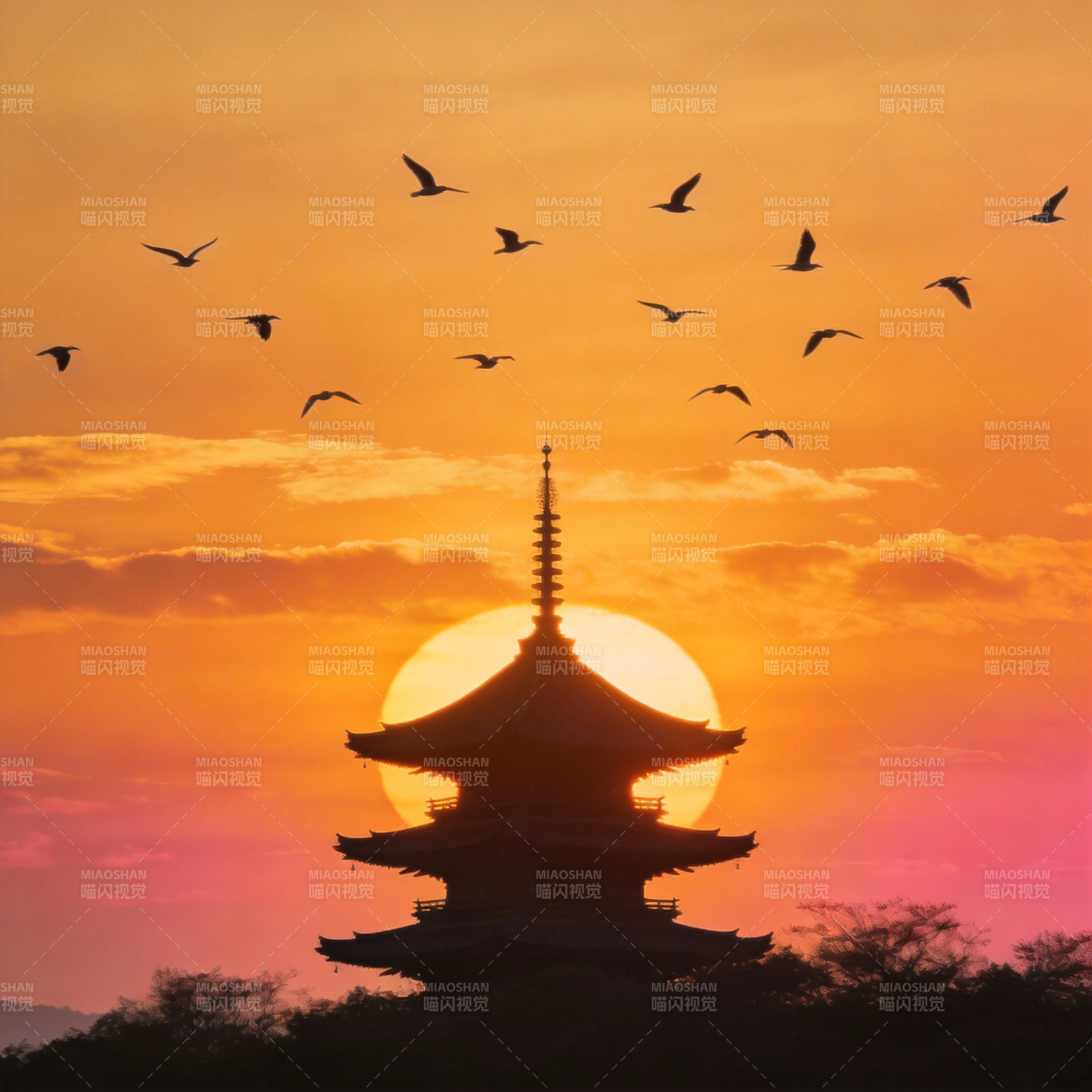 夕阳塔影飞鸟归图片